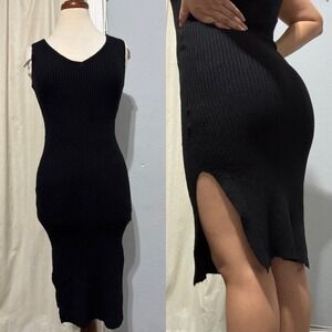 Magaschoni Black Ribbed V Neck Sleeveless Midi Sweater Dress With High Slit Sz S